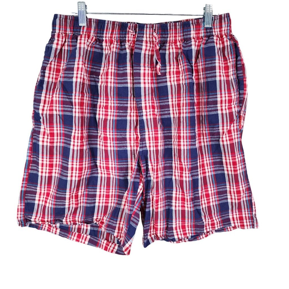 Mens Izod Sleepwear Red & Blue Plaid Lounge Shorts 10" Inseam Cotton Size XL